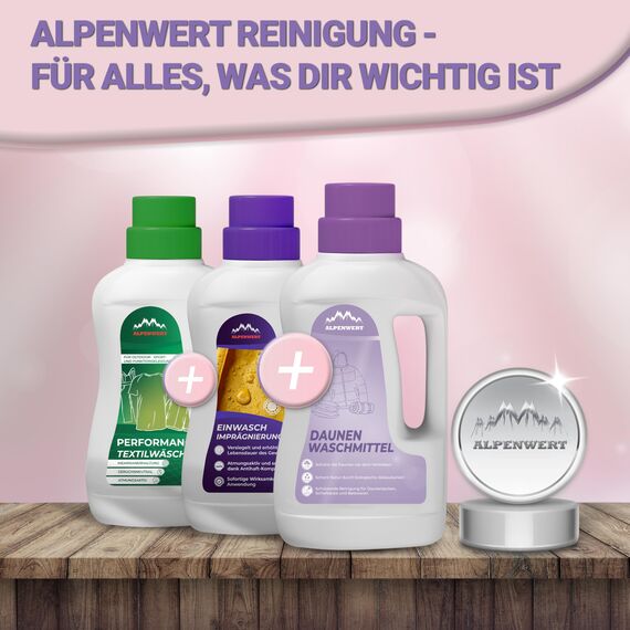 ALPENWERT® Daunenwaschmittel 1L - Spezialwaschmittel für Daunenjacken, Bettdecken, Schlafsäcke & Kissen - sanftes Waschmittel für fasertiefe Reinigung & Pflege mit frischem Duft - Made in Germany