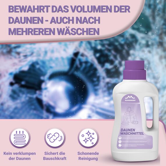 ALPENWERT® Daunenwaschmittel 1L - Spezialwaschmittel für Daunenjacken, Bettdecken, Schlafsäcke & Kissen - sanftes Waschmittel für fasertiefe Reinigung & Pflege mit frischem Duft - Made in Germany