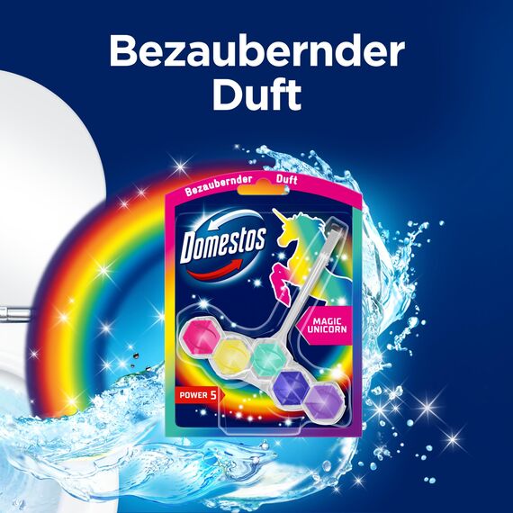 Domestos Power 5 Toilettenstein Magic Unicorn WC-Reiniger mit bezauberndem Duft 9x 50 g