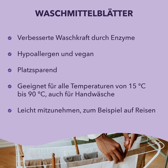 Cosmeau Waschmittel Blätter Frühlingsfrisch - bis zu 120 Waschgänge (120 Blätter) - Nachhaltiges Waschmittel für Weiß, Farbe und Schwarz - Plastikfrei, Abbaubar & Perfektes Reisewaschmittel