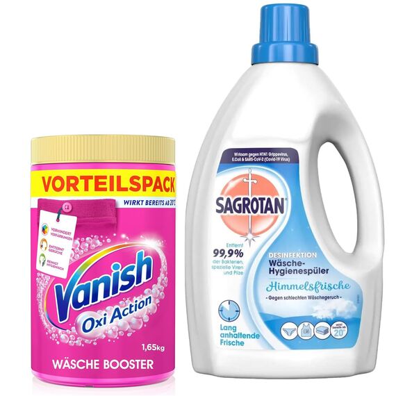 Sagrotan Wäsche-Hygienespüler Frisch, Waschmittel-Zusatz - 1,5 L & Vanish Oxi Action Pulver Pink – 1,65 kg – Fleckenentferner und Wäsche-Booster Pulver ohne Chlor – Für bunte Wäsche