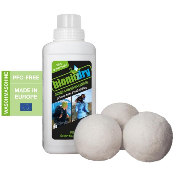 bionicdry Waschmittel-Set für Daunen-, Merino- & Funktionskleidung hygienische schonende Reinigung empfindlicher Materialien, Daunenjacken, Schlafsack, Bettdecken, Merinounterwäsche, Funktionsfaser