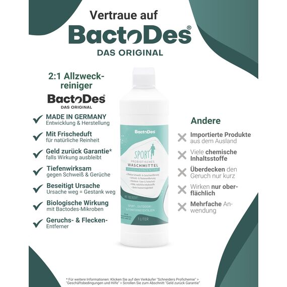 BactoDes - bWash Sportwaschmittel 1L flüssig für Sportbekleidung gegen Schweiß - Probiotisches Flüssigwaschmittel mit Frischeduft - Sportwaschmittel ideal für Outdoor-, Sport- & Funktionskleidung