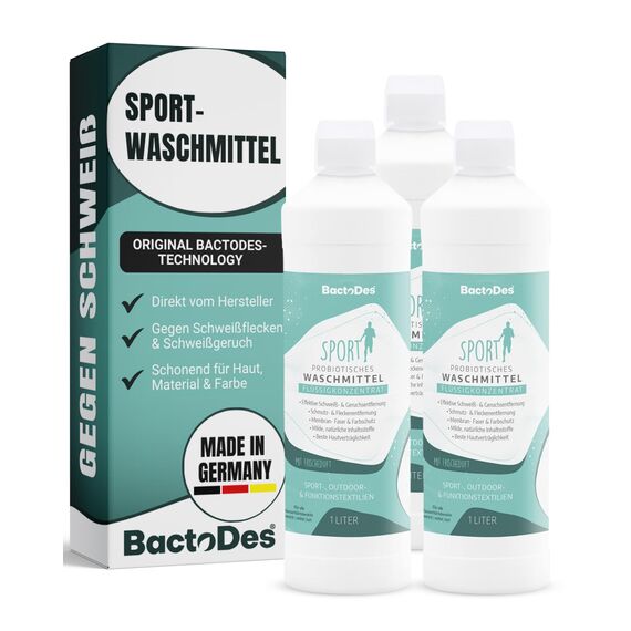 BactoDes - bWash Sportwaschmittel 3x 1L flüssig für Sportbekleidung gegen Schweiß - Probiotisches Flüssigwaschmittel mit Frischeduft - Sportwaschmittel ideal für Outdoor-, Sport- & Funktionskleidung