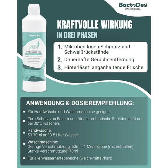 BactoDes - bWash Sportwaschmittel 1L flüssig für Sportbekleidung gegen Schweiß - Probiotisches Flüssigwaschmittel mit Frischeduft - Sportwaschmittel ideal für Outdoor-, Sport- & Funktionskleidung