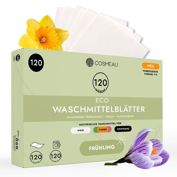 Cosmeau Waschmittel Blätter Frühlingsfrisch - bis zu 120 Waschgänge (120 Blätter) - Nachhaltiges Waschmittel für Weiß, Farbe und Schwarz - Plastikfrei, Abbaubar & Perfektes Reisewaschmittel