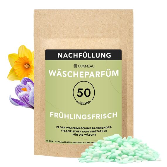 Cosmeau Wäscheparfüm Perlen Frühlingsfrischung Nachfüllpack - Nachhaltige Duftperlen für Waschmaschine - Bis zu 50 Waschladungen und 24 Wochen Frische - Plästik Frei, Vegan & Zero Waste