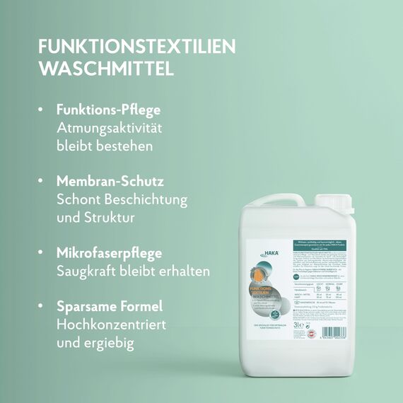 HAKA Funktionstextilienwaschmittel, 100 WL, für Outdoor-, Sport- und Funktionskleidung, erhält Atmungsaktivität & Membranfunktion, 3l