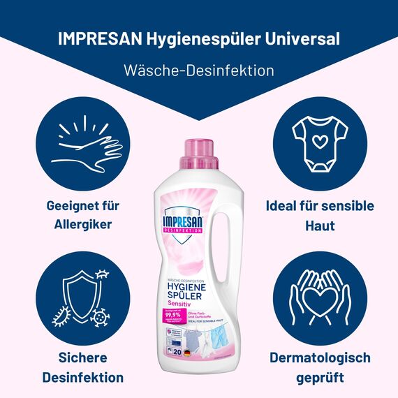 IMPRESAN Hygiene-Spüler Sensitiv | Wäschedesinfektion für hygienisch reine Wäsche | Effektiv gegen Bakterien, Pilze & Viren | 1500 ml