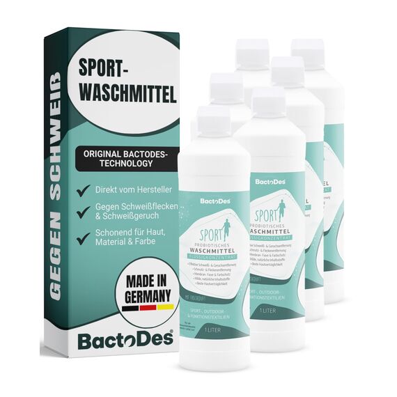 BactoDes - bWash Sportwaschmittel 6x 1L flüssig für Sportbekleidung gegen Schweiß - Probiotisches Flüssigwaschmittel mit Frischeduft - Sportwaschmittel ideal für Outdoor-, Sport- & Funktionskleidung