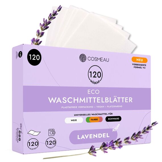 Cosmeau Waschmittel Blätter Lavendel – bis zu 120 Waschgänge (120 Blätter) – Nachhaltiges Waschmittel für Weiß, Farbe und Schwarz – Abbaubar & Perfektes Reisewaschmittel