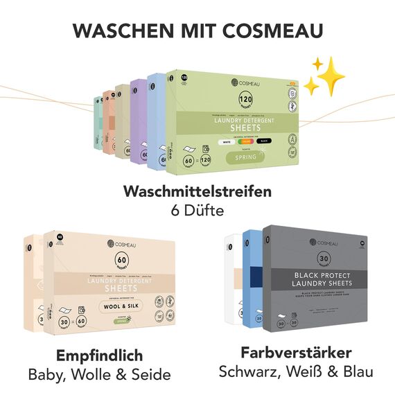Cosmeau Waschmittel Blätter Frühlingsfrisch - bis zu 120 Waschgänge (120 Blätter) - Nachhaltiges Waschmittel für Weiß, Farbe und Schwarz - Plastikfrei, Abbaubar & Perfektes Reisewaschmittel