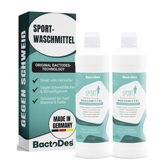 BactoDes - bWash Sportwaschmittel 2x 1L flüssig für Sportbekleidung gegen Schweiß - Probiotisches Flüssigwaschmittel mit Frischeduft - Sportwaschmittel ideal für Outdoor-, Sport- & Funktionskleidung
