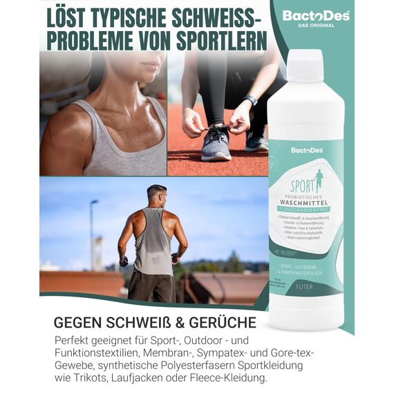 BactoDes - bWash Sportwaschmittel 2x 1L flüssig für Sportbekleidung gegen Schweiß - Probiotisches Flüssigwaschmittel mit Frischeduft - Sportwaschmittel ideal für Outdoor-, Sport- & Funktionskleidung