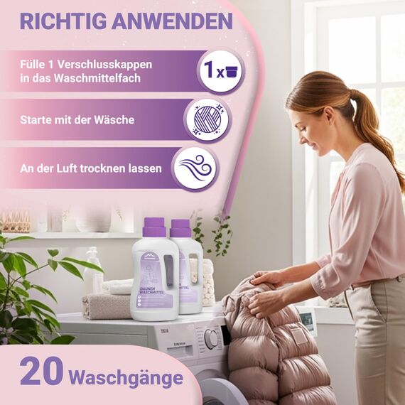 ALPENWERT® Daunenwaschmittel 2x1L - Spezialwaschmittel für Daunenjacken, Bettdecken, Schlafsäcke & Kissen - sanftes Waschmittel für fasertiefe Reinigung & Pflege mit frischem Duft - Made in Germany