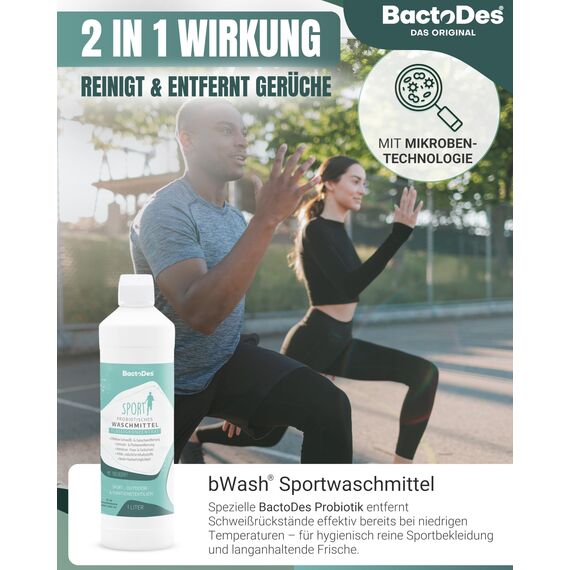 BactoDes - bWash Sportwaschmittel 3x 1L flüssig für Sportbekleidung gegen Schweiß - Probiotisches Flüssigwaschmittel mit Frischeduft - Sportwaschmittel ideal für Outdoor-, Sport- & Funktionskleidung