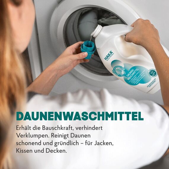 HAKA Daunenwaschmittel 1 Liter Flasche I Zur Reinigung von Daunenprodukten I für 20 Waschgänge | Verbessert die Wärmedämmeigenschaft I Mit Aufpolsterungseffekt