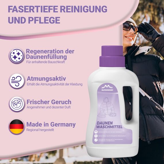 ALPENWERT® Daunenwaschmittel 2x1L - Spezialwaschmittel für Daunenjacken, Bettdecken, Schlafsäcke & Kissen - sanftes Waschmittel für fasertiefe Reinigung & Pflege mit frischem Duft - Made in Germany