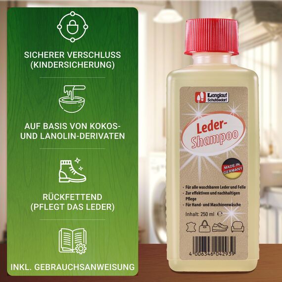 Langlauf Schuhbedarf Lederwaschmittel Lederbekleidung Lammfellwaschmittel 250ml Flasche für viele Wäschen Ledershampoo Hand & Maschinenwäsche Lambskin Leather Detergent Lederseife