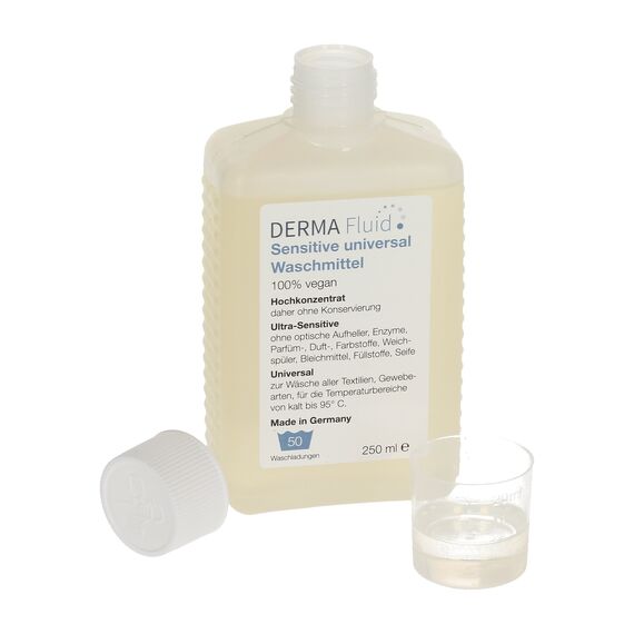 DERMA Fluid Sensitive Waschmittel ohne Duftstoffe, Parfüm, Enzyme, Zusatzstoffe, Weichspüler - Ideal für Babys, Allergiker, empfindliche & allergische Haut (250 ml / 50 WL)