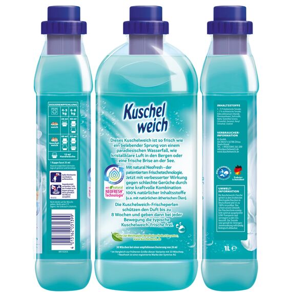 Kuschelweich Weichspüler Frischetraum, Hautverträglichkeit dermatologisch bestätigt, Weichspüler Kuschelweich ohne Mikroplastik, 1 Liter bis zu 38 Waschladungen, 1037.48 grams