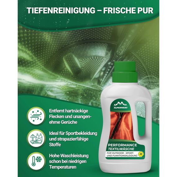 ALPENWERT® Sportwaschmittel [MADE IN GERMANY] für Funktionskleidung, Sportbekleidung & Outdoor-Textilien Spezialwaschmittel für Gore-Tex, Softshell & Skibekleidung Geruchsneutral & materialschonend