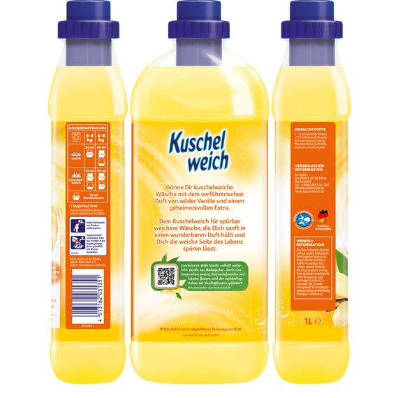 Kuschelweich Weichspüler - 12 x 1 l für je 38 Wäschen, kuschlig-weich - hautverträglich, mikroplastikfrei - Wilde Vanille