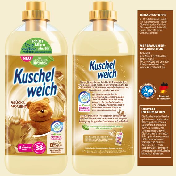 Kuschelweich Weichspüler - 12 x 1 l für je 38 Wäschen, kuschlig-weich - hautverträglich, mikroplastikfrei - Glücksmoment