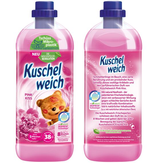 Kuschelweich Weichspüler - 12 x 1 l für je 38 Wäschen, kuschlig-weich - hautverträglich, mikroplastikfrei - Pink Kiss