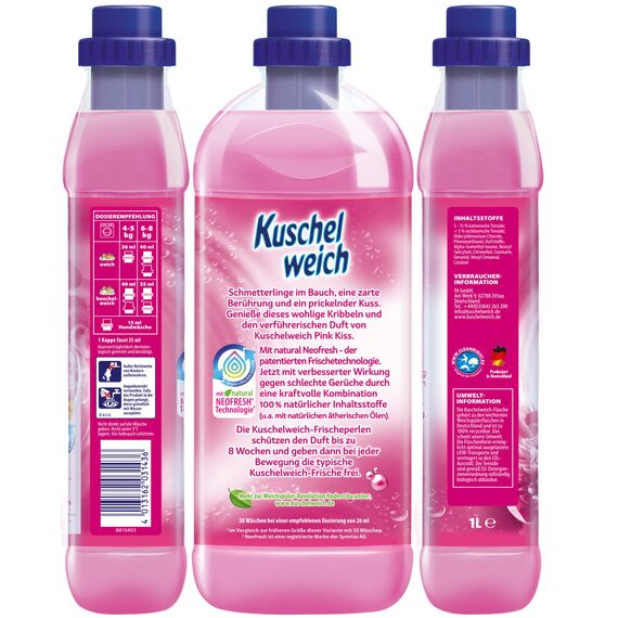 Kuschelweich Weichspüler - 12 x 1 l für je 38 Wäschen, kuschlig-weich - hautverträglich, mikroplastikfrei - Pink Kiss