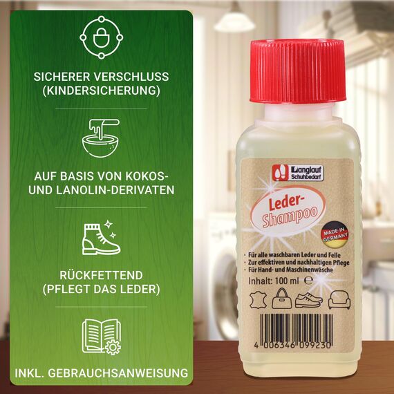 Lederreiniger Ledershampoo Lederwaschmittel für empfindliches Leder, ideal für Lammfell, Jacken, Schuhe, Felle & Motorradkleidung, schonende Reinigung, Spezialreiniger für Hand und Maschine (100ml)