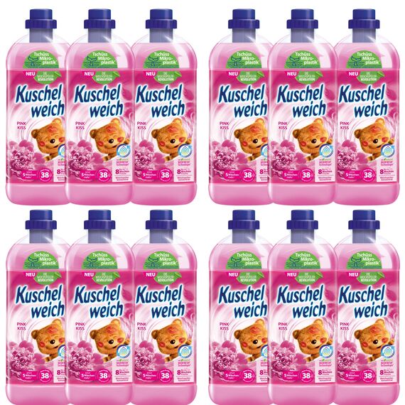 Kuschelweich Weichspüler - 12 x 1 l für je 38 Wäschen, kuschlig-weich - hautverträglich, mikroplastikfrei - Pink Kiss