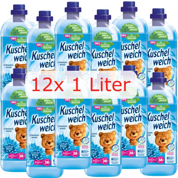 Kuschelweich Weichspüler - 12 x 1 l für je 38 Wäschen, kuschlig-weich - hautverträglich, mikroplastikfrei - Sommerwind