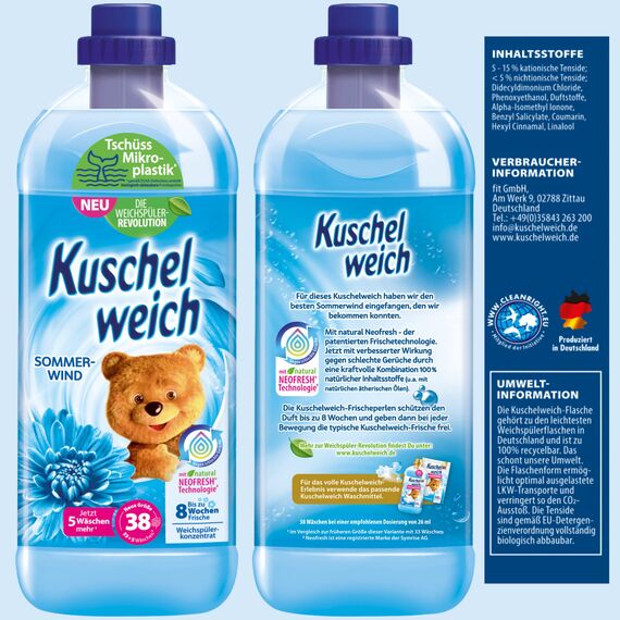 Kuschelweich Weichspüler - 12 x 1 l für je 38 Wäschen, kuschlig-weich - hautverträglich, mikroplastikfrei - Sommerwind