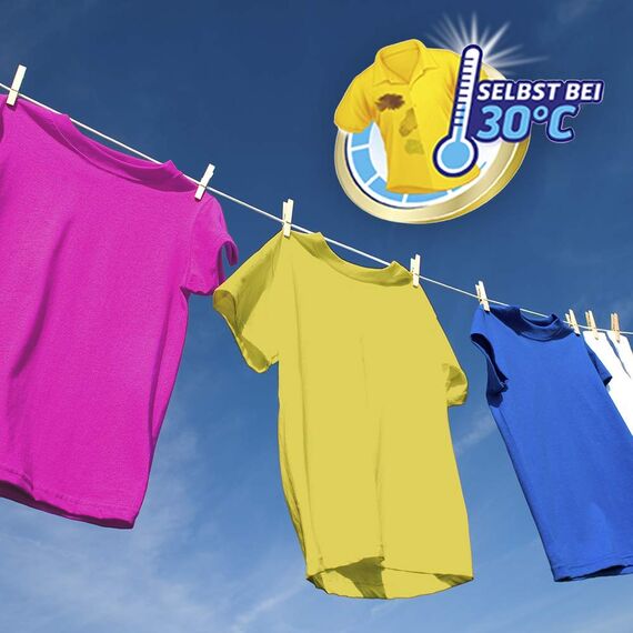 Beeindruckende Fleckentfernung selbst bei 30 °C: Das Vanish Oxi Action Pulver entfernt viele Arten von Flecken bereits ab der 1. Wäsche