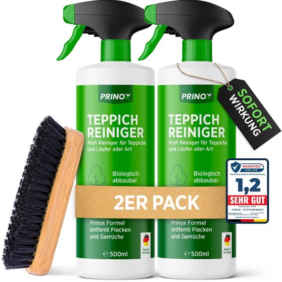 PRINOX 2x Profi Teppichreiniger 500ml - Teppichboden Reiniger inkl. Teppich Bürste, schäumend für alle Teppiche - Teppich Reinigungsmittel & Fleckenentferner aus Deutschland
