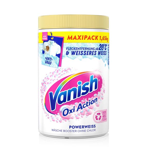 Vanish Oxi Action Powerweiss Pulver – 1 x 1,65 kg – Fleckenentferner und Wäsche-Booster Pulver ohne Chlor – Für weiße Wäsche