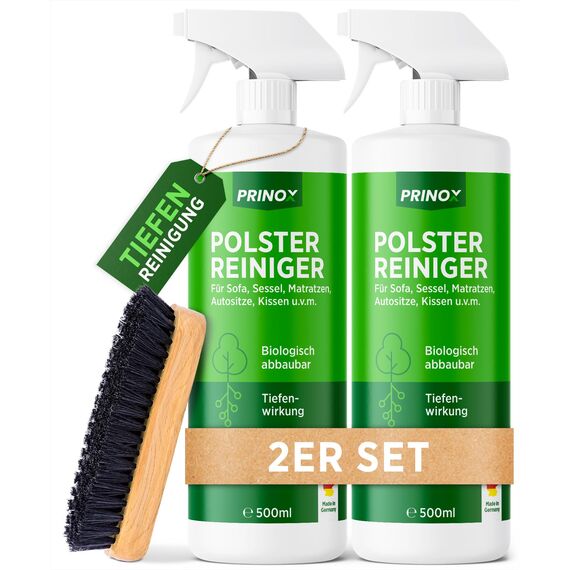 PRINOX 2x Profi Polsterreiniger 500ml für Sofa, Auto, Sessel & Couch inkl. Bürste - Textilreiniger Konzentrat & Autositz Reiniger für alle Polstermöbel - Fleckenentferner Sofa aus Deutschland