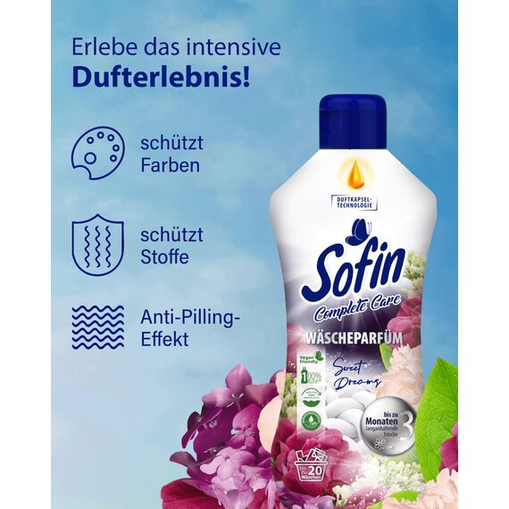 Sofin Wäscheparfüm flüssig Sweet Dreams 300ml - Ohne Weichspüler, Für alle Textilien geeignet, Frischer & langanhaltender Wäscheduft für 20 Waschgänge