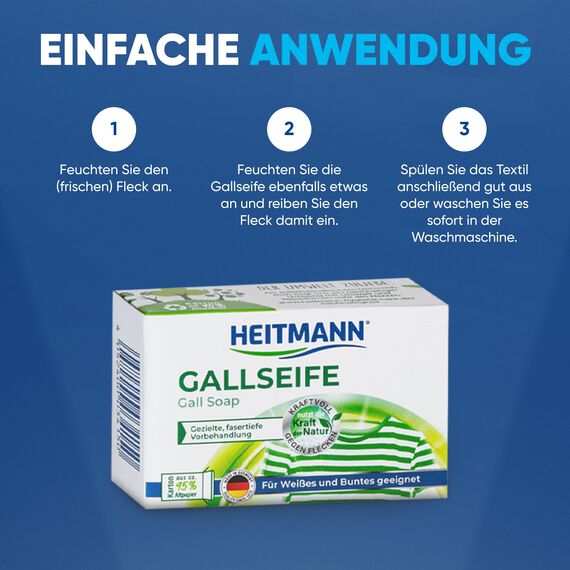 Heitmann Gallseife: Hausmittel gegen Flecken und Schmutz, natürlicher Fleckenentferner für Weißes und Buntes, 100g (1er Pack)