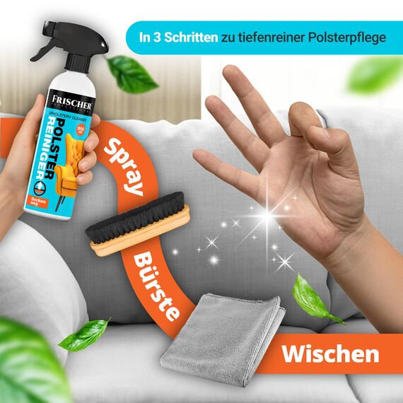 FRISCHER PROFESSIONAL Polsterreiniger 500ml für Sofa, Auto, Sessel & Couch inkl. Bürste + Microfasertuch, Textilreiniger Konzentrat & Autositz Reiniger für alle Polstermöbel - Fleckenentferner Sofa