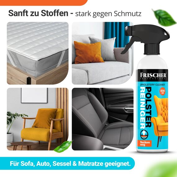 FRISCHER PROFESSIONAL Polsterreiniger 500ml für Sofa, Auto, Sessel & Couch inkl. Bürste + Microfasertuch, Textilreiniger Konzentrat & Autositz Reiniger für alle Polstermöbel - Fleckenentferner Sofa