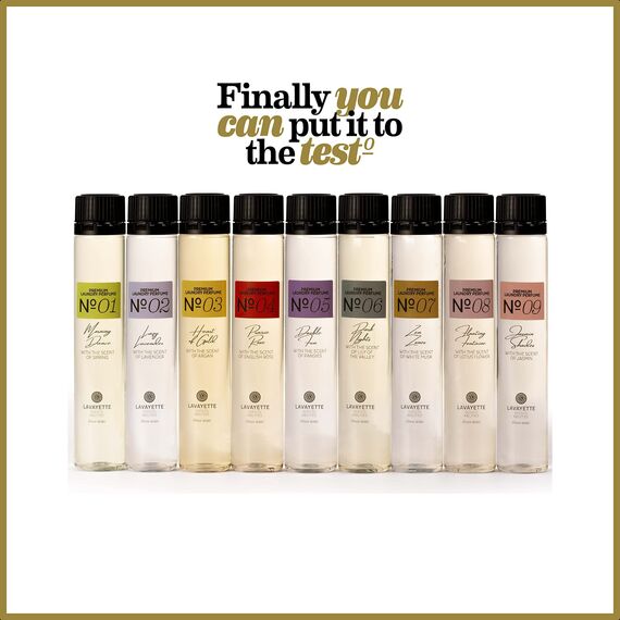 Lavayette Premium - Wäscheparfüm Testpaket - Duft für Kleidung, Bettwäsche, Leinen, Bettwäsche, Flüssigkeit - Geruchsentferner, Wäscheduft - 9x25 ml