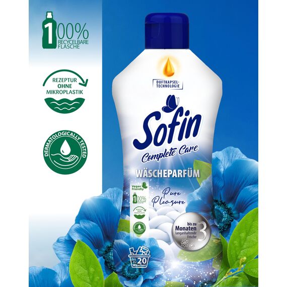 Sofin Wäscheparfüm flüssig Pure Pleasure 300ml - Ohne Weichspüler, Für alle Textilien geeignet, Frischer & langanhaltender Wäscheduft für 20 Waschgänge
