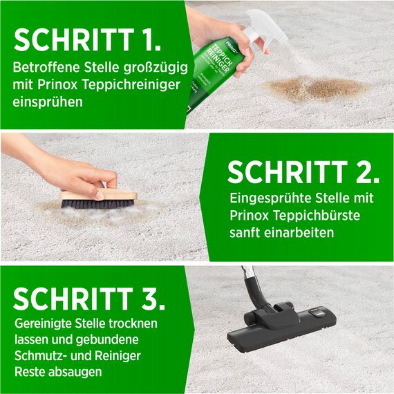 PRINOX 2x Profi Teppichreiniger 500ml - Teppichboden Reiniger inkl. Teppich Bürste, schäumend für alle Teppiche - Teppich Reinigungsmittel & Fleckenentferner aus Deutschland