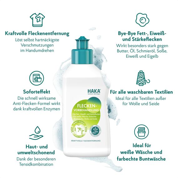 HAKA Fleckenvorbehandlung Enzymkraft, 250ml, Fleckenentferner für Butter, Öl, Soße, Eiweiß, Eigelb, für weiße & bunte Wäsche, vegan & hautfreundlich