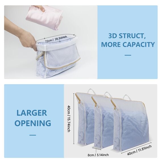 Wäschesäcke mit Wabenstruktur für Feinwäsche mit Reißverschluss, Reise Aufbewahrung, Organisationsbeutel, Kleidung Waschbeutel für Unterwäsche, Dessous 30x40x8cm (3M, weiß)