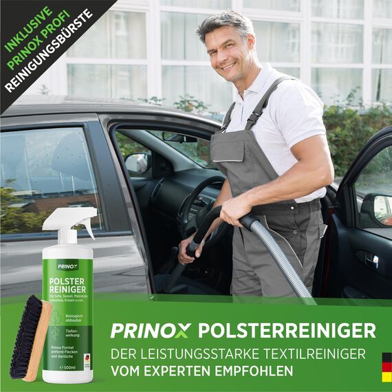 PRINOX 2x Profi Polsterreiniger 500ml für Sofa, Auto, Sessel & Couch inkl. Bürste - Textilreiniger Konzentrat & Autositz Reiniger für alle Polstermöbel - Fleckenentferner Sofa aus Deutschland