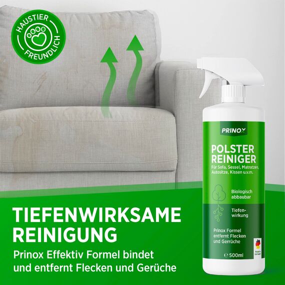 PRINOX 2x Profi Polsterreiniger 500ml für Sofa, Auto, Sessel & Couch inkl. Bürste - Textilreiniger Konzentrat & Autositz Reiniger für alle Polstermöbel - Fleckenentferner Sofa aus Deutschland