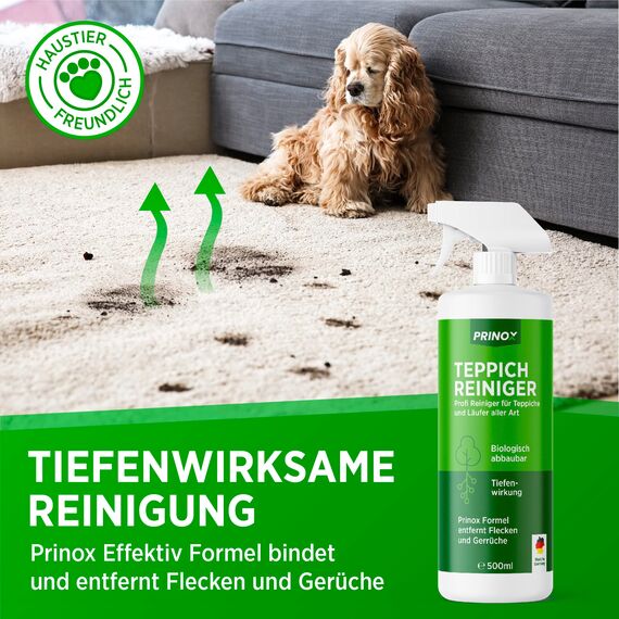 PRINOX 2x Profi Teppichreiniger 500ml - Teppichboden Reiniger inkl. Teppich Bürste, schäumend für alle Teppiche - Teppich Reinigungsmittel & Fleckenentferner aus Deutschland